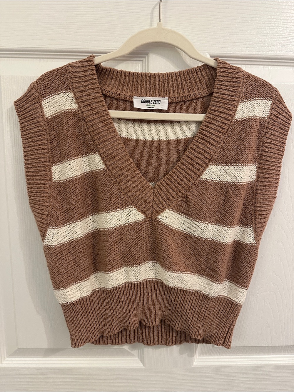 Double Zero Brown & Cream Striped V-Neck Sweater Vest